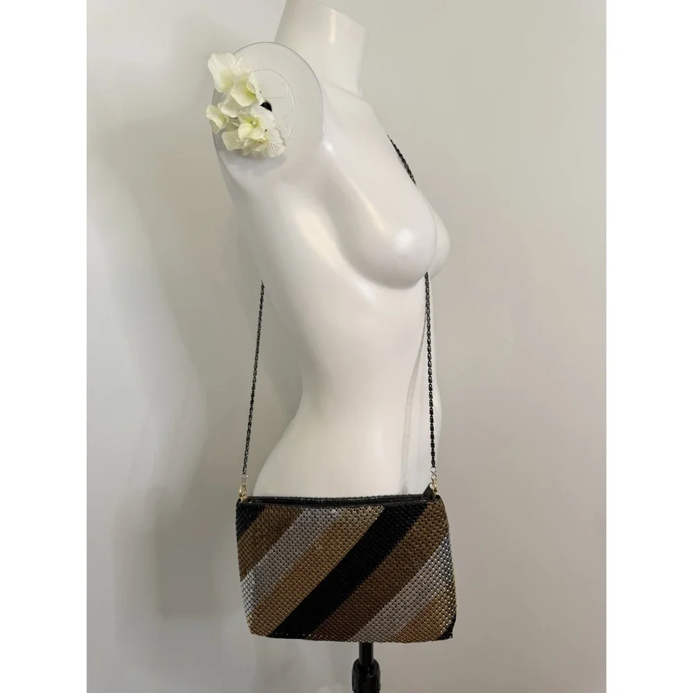 Vintage 70 80s Gold Black Bronze Silver Mesh Stripe Purse Bag Clutch Cross Body